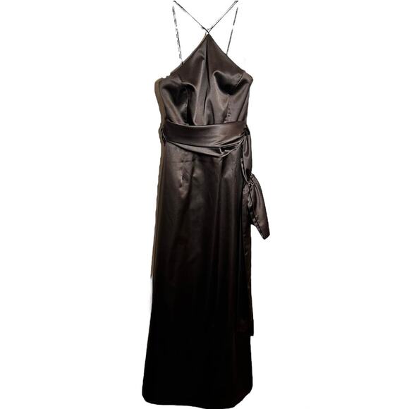 Nicole Miller Dresses & Skirts - Vintage Nicole Miller Satin Halter Gown Maxi Dress Evening USA Tie Waist Brown 4